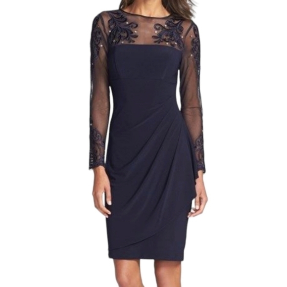 XSCAPE navy knit party dress  illusion neckline and long sleeves NWT sz 4 - Picture 1 of 11